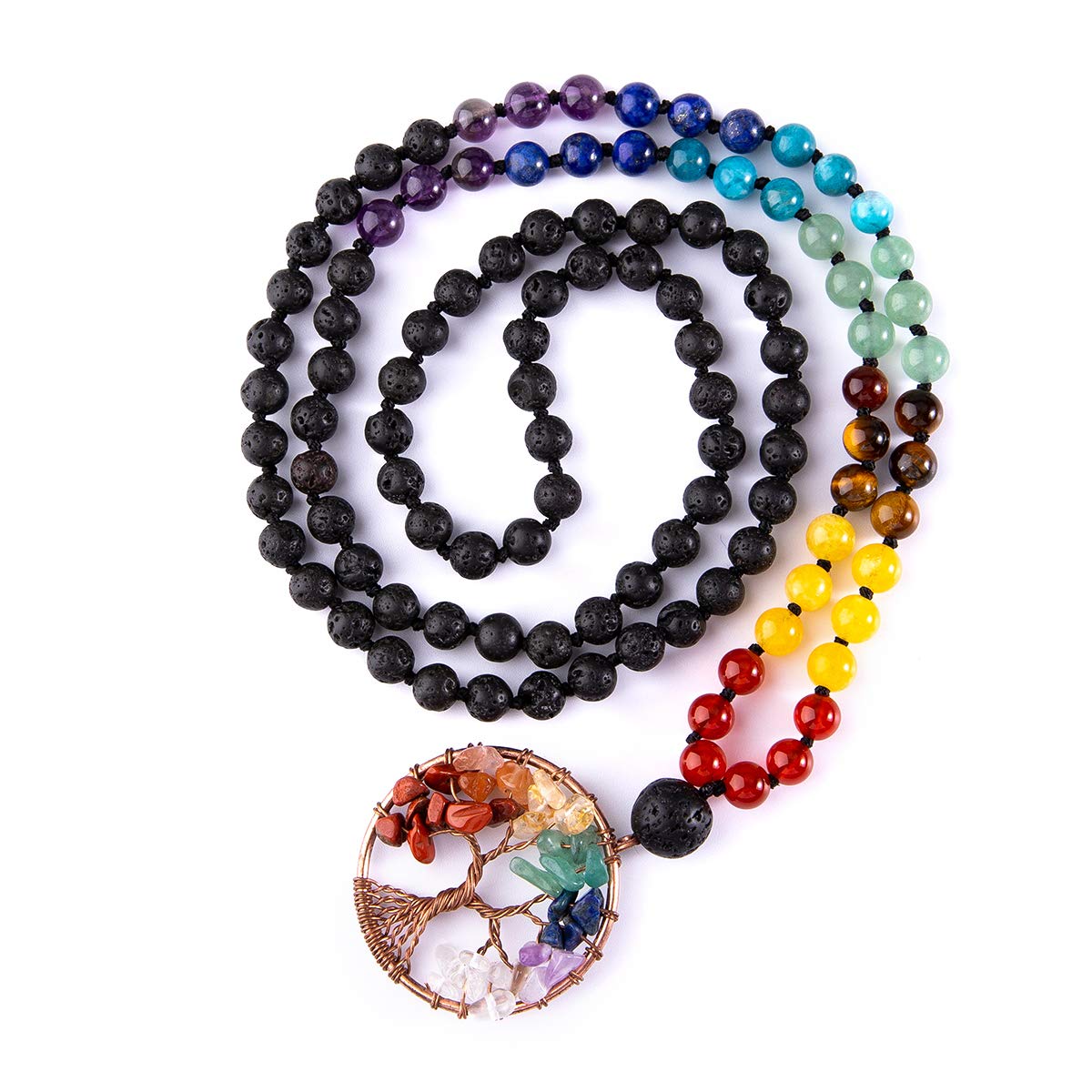 Bivei 108 Mala Beads Necklace Tree of Life 7 Chakra Wrap Bracelet Real Healing Gemstone Yoga Meditation Hand Knotted Mala Prayer Bead Necklace(Lava Rock Stone 6mm)