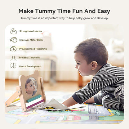 IEATFO Rotating Baby Safe Mirror with 120 Pages Visual Stimulation Cards - Wooden Tummy Time Mirror Toys - Black White Red and Color High Contrast Baby Flashcards for Brain and Cognitive Development