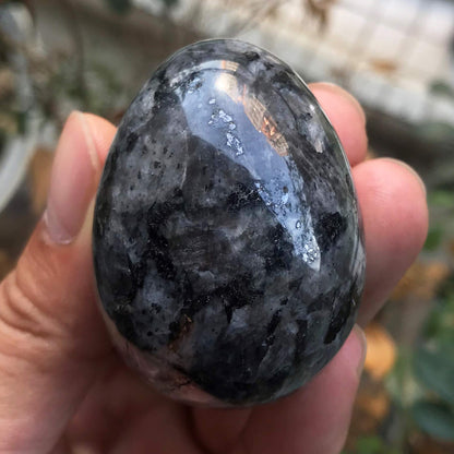 Fekuar Stone Egg Figurine, Polished Healing Crystal Easter Eggs Sphere Sculpture with Wood Stand, Natural Black Labradorite, 1.8"