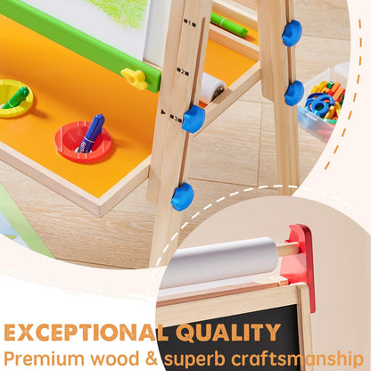 Tiny Land Easel for Kids with 2 Drawing Paper Roll, Adjustable Kids Art Easel, Learning-Toy for 3,4,5,6,7,8 Years Old Boy & Girls, Wooden Chalkboard & Magnetic Whiteboard & Painting Paper Stand
