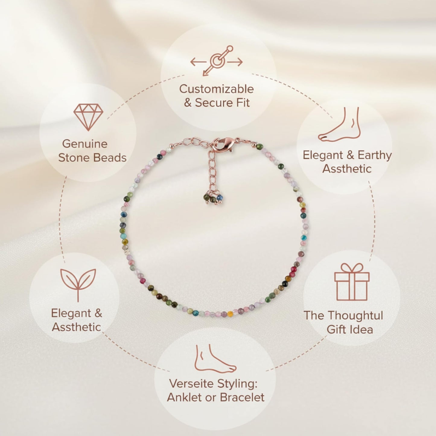 NJCRAFT Tourmaline Bracelet for Women | Natural Multicolor Gemstone Micro Bead Bracelet (11–13 Carat) | Rose Gold Plated Adjustable Chain 7+1 Inch | Handmade Minimalist Jewelry Gift
