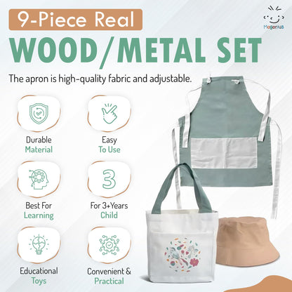 Magorius Kids Gardening Tools Set - 9 Piece Real Metal Tools with Sturdy Wood Handles, Includes Washable Apron, Hat, Tote Bag and Watering Can - STEM Outdoor Learning Gift for Boys and Girls.