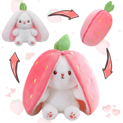 MIAODAM Bunny Stuffed Animal Reversible Cuddle Bunny Stuffed,Strawberry Bunny Transformed Rabbit Plush Zipper,Turns Into Ears Bunnies Plushies Toy Cute Stuffy Doll Easter