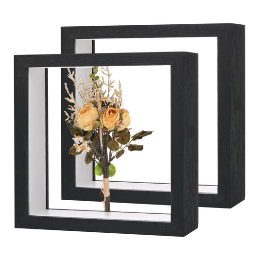 M METERXITY 2-Pack Dried Flower Frame, 6 x 6 Inch Double Acrylic Wooden Dried Flower Photo Floating Frame for Tabletop/DIY/Handicrafts [Black]