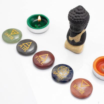 Crocon 5 Elements Assorted Stones Round Shape Engraved Triangle Symbols (Earth Air Fire Water Spirit) Polished Palm Stones for Gemstone Reiki Crystals Healing Stones Meditation Divination Gifts