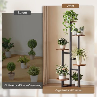 HOOBRO 5-Tier Corner Plant Stand Indoor, Round Vertical Plant Shelf for Small Spaces, Space Saving Flower Rack for Living Room, Balcony & Patio, Rustic Brown and Black BF05HJ01
