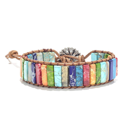 Fashion Gemstone Handmade Jewelry Multicolor Yoga Friendship Boho Leather Rectangle Stone Healing Sunflower Button Wrap Bracelet