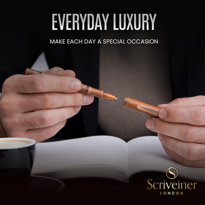 Scriveiner EDC Luxury Rollerball Pen, Stunning Heavy Pocket Pen, Hand Brushed Copper Finish, Cool Writing Pen, Best Pen Gift for Men, Women, German Schmidt Refill, Nice Fancy Office Designer Pen Set