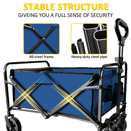 VOYSIGN Garden Cart Folding Wagon with Small Wheel, Collapsible Outdoor Wagon Cart Heavy Duty with Universal Wheels & Adjustable Handle, Utility Grocery Wagon for Camping Shopping, Sports - Navy Blue