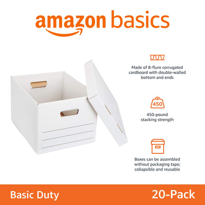 Amazon Basics Storage/Filing Boxes with Lift-Off Lid, Letter/Legal Size, Collapsible, Tape-Free Assembly, White, 16.2" L x 12.5" W x 10.5" H, 20-Pack