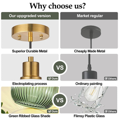 2 Pack Pendant Lights with Vintage Green Ribbed Glass Lampshade, Adjustable Brushed Gold Pendant Lights Fixtures for Kitchen Island Lighting Sink, Dining & Living Room Hallway (Bulbs Not Included)