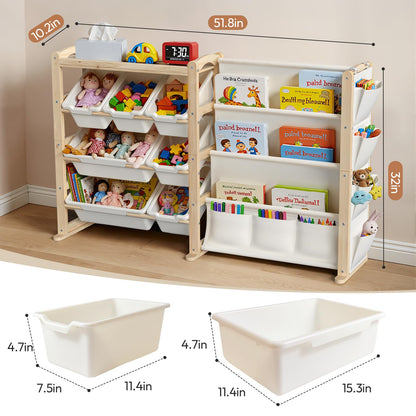Fodoss Book Shelf for Kids Rooms - Toy Storage Organizer with Bookshelf, Solid Wood Kids Bookshelf with 7 Bins, Side Storage Pockets, Large Toy Organization for Nursery, Natural Pine