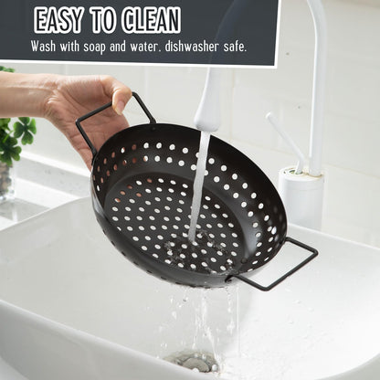 Teecyhooo 3 Pack Grill Topper Pans for Outdoor Grill, Stainless Steel Vegetables BBQ Grilling Basket with Holes Handles, Nonstick Barbecue Pan Grilling Gifts for Camping Picnic Cooking Seafood Meat