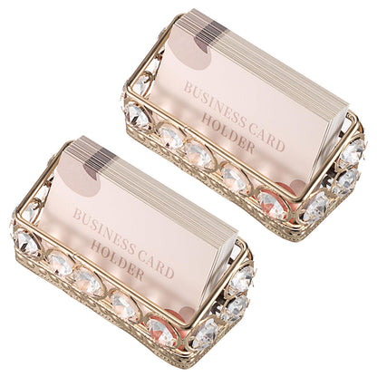 Hipiwe 2 Packs Crystal Business Card Holder Gold Metal Business Card Display Holder for Desk Bling Office Desktop Business Card Storage Organizer with Mirror Base