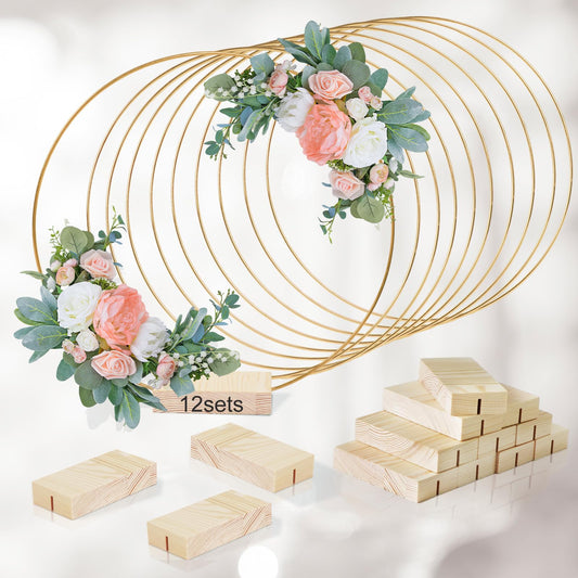 GUDELAK 12Pcs 12 Inch Floral Hoop Centerpiece Table Decorations, Metal Gold Center Pieces Decoration for Table with Wood Base, Table Centerpieces for DIY Wedding Decor Wall Hanging Crafts