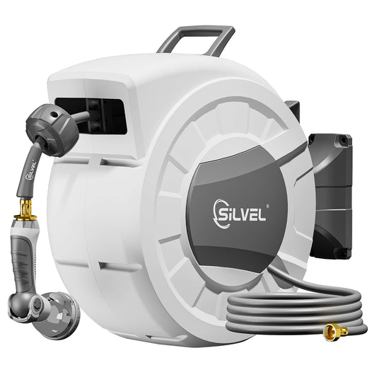 SILVEL Retractable Garden Hose Reel, 1/2 in x 110ft Wall Mount Heavy Duty Automatic Hose Reel with 10 Pattern Nozzle, Any Length Lock & Slow Return System, 180°Swivel Bracket Upgraded UV Resistant