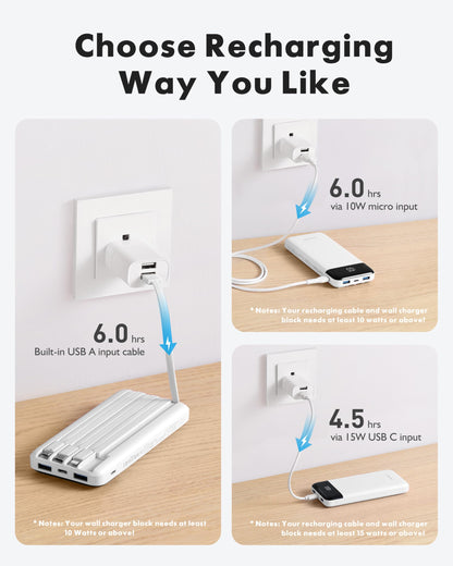 Charmast Portable Charger with Built in Cables, Power Bank with Cords Wires, Slim 10000mAh Travel Battery Pack 6 Outputs 3 Inputs 3A Fast Charging for Samsung Google Pixel LG Moto iPhone iPad