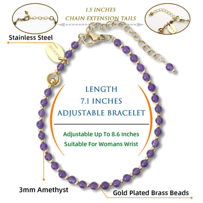Morchic 3mm Purple Amethyst Quartz Natural Gemstone Beaded Bracelet for Women, Dainty Charm Jewelry, Adjustable 7.1-8.6", Ideal Birthday Holiday Gift