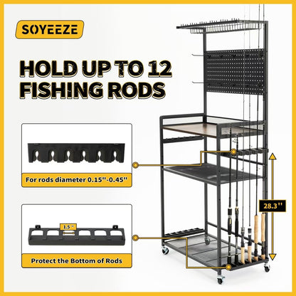 SOYEEZE Fishing Rod Holders for Garage,Fishing Gear Holder for Fishing Rod Tackle Box Storage，Fishing Pole Holders for 12 Rods with Hooks and Pegboard,Fishing Cart with Reel Rack