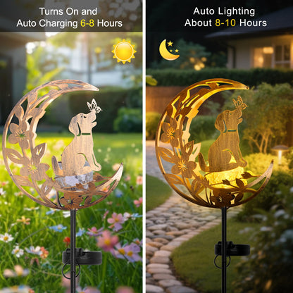 JOBOSI Solar Iron Art Flower Planting Moon Dog Waterproof Outdoor Solar Light for Garden, Yard, Patio Decor, Auto On/Off, Long-Lasting Battery, Unique Gift for Mom, Grandma, Christmas