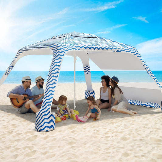 Beach Cabana with 4-Corner, UPF50+ Beach Canopy, Adjustable Height Beach Tent Sun Shelter, Sun Umbrella with Removable Side Wall, Shade Sun Shelter for Beach, Garden, Camping (Wave Pattern)
