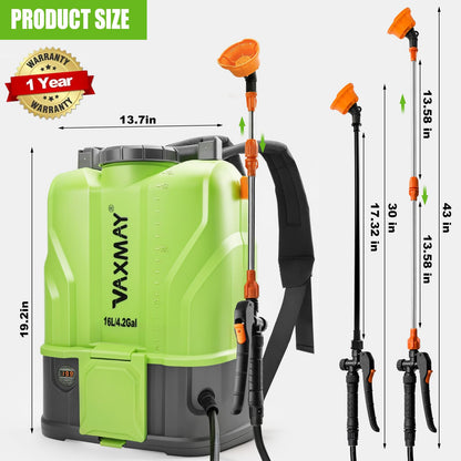 VAXMAY Battery Powered Backpack Sprayer 4.2 Gallon, 120 PSI Electric Garden Sprayer Compatible with DeWalt 20V Battery, Weed Yard Sprayer with 2 Wands, 5 Nozzles, 2.6 Ah Battery & Charger Included