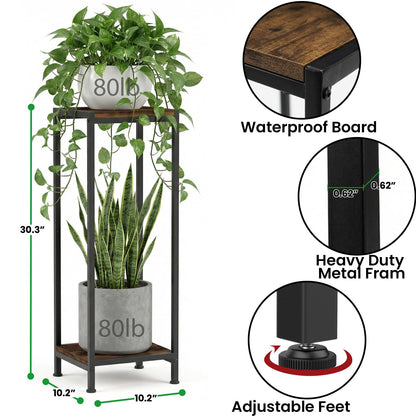 TOSKING 30" Tall 2-Tier Indoor Plant Stand (Holds 160 lbs) – Heavy Duty Black Metal Frame with Rustic Brown Wood Shelves for Balcony, Patio, Garden, Living Room, Indoor & Outdoor