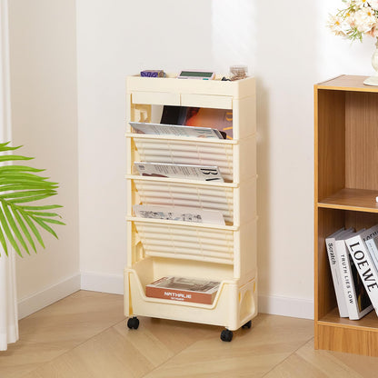 AGTEK 5 Tier Rolling Utility Cart, Book Cart with Wheels, Office Book Carts with Divided Top Shelf for Organizing Books and Supplies in Home, Office, Classroom, Beige