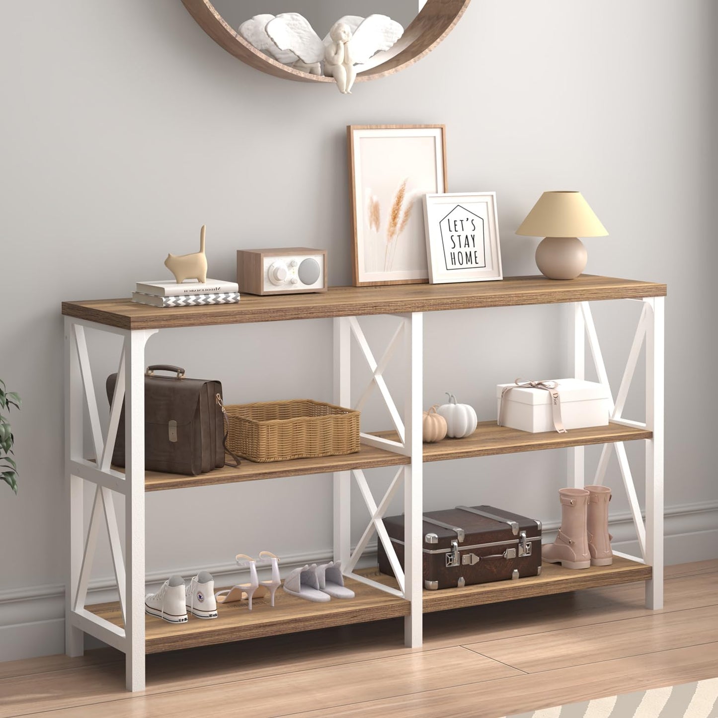 IBF Farmhouse Entryway Table, Wood TV Console Table, Rustic Metal Sofa Table, Industrial Hallway Tables with Storage Shelves, Modern Foyer Tables for Front Entry Way, White and Rustic Oak, 47 Inch