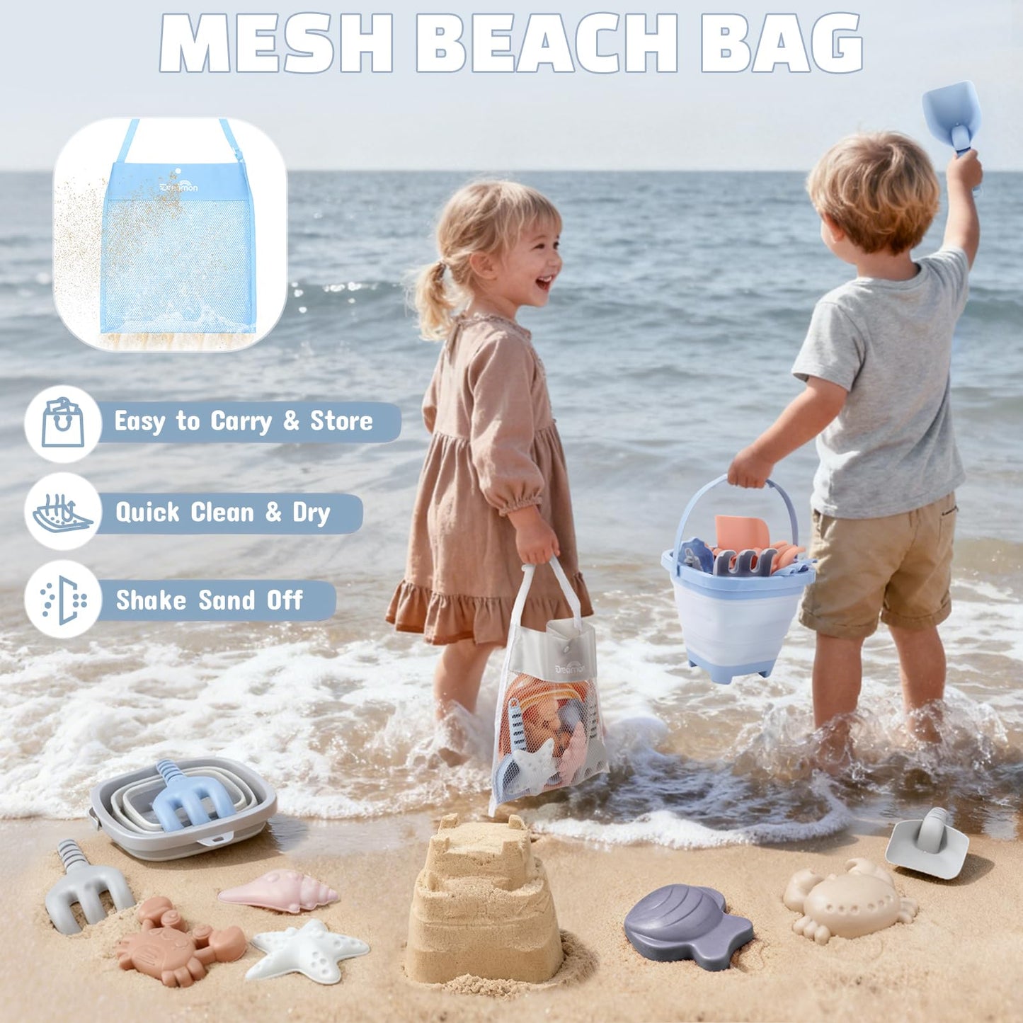 Dreamon 3 Pack Beach Toys Set for Kids 3-10, Collapsible Sand Buckets with Beach Molds and Mesh Bag, Sandbox Travel Toys Beach Vacation Essentials, Camping Gear, Fishing (Blue/Grey/Orange)