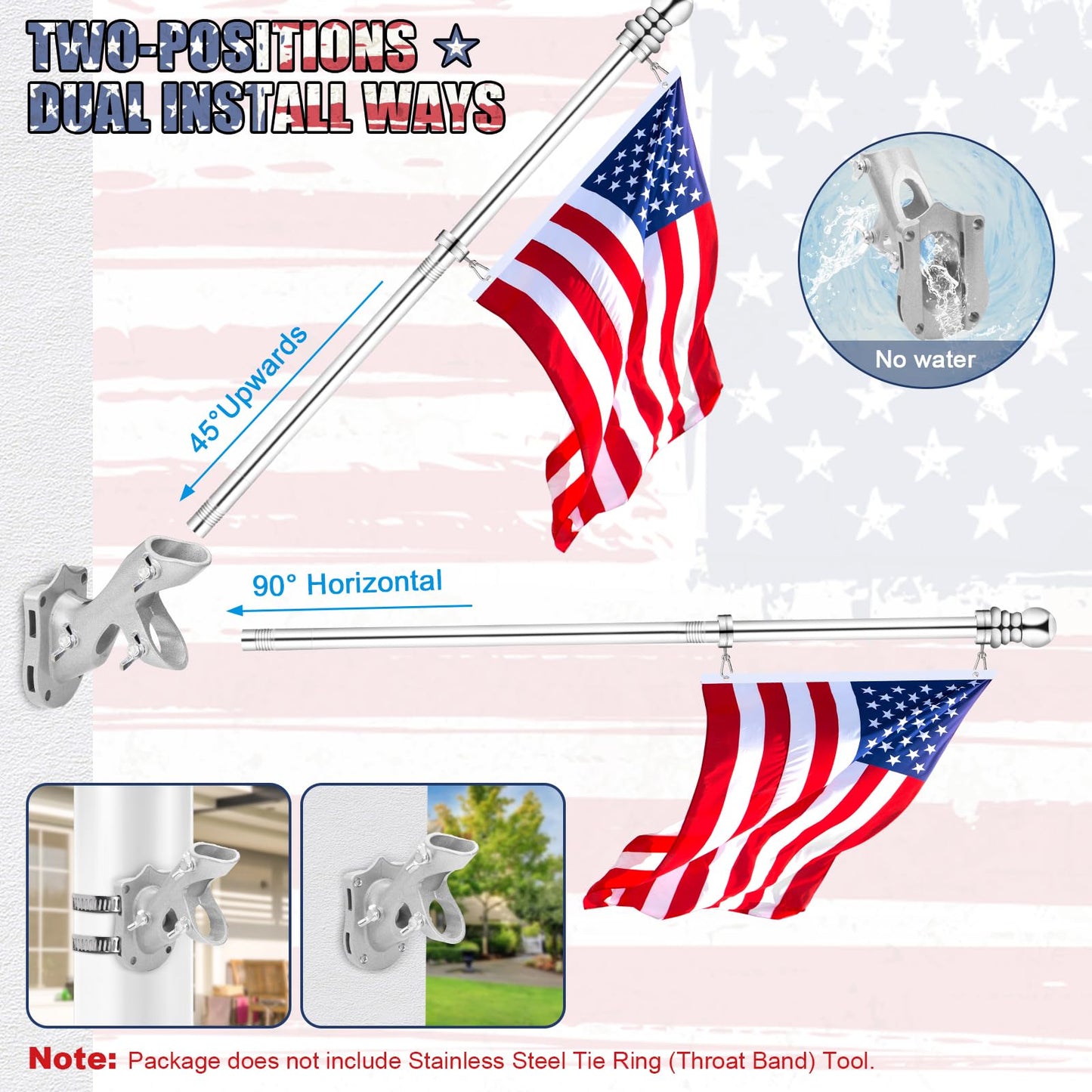 REERON Flag Pole for House, 6 FT Stainless Steel Spinning Flag Pole Kit, 1" Rustproof Porch Flagpole with 360° Tangle Free Metal Flagpole Rings & 2-Position Bracket for Outdoor Sport for 3x5 Flags