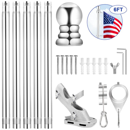 REERON Flag Pole for House, 6 FT Stainless Steel Spinning Flag Pole Kit, 1" Rustproof Porch Flagpole with 360° Tangle Free Metal Flagpole Rings & 2-Position Bracket for Outdoor Sport for 3x5 Flags