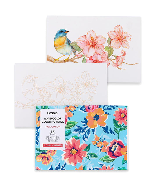Grabie Floral Watercolor Coloring Book, 100% Cotton Watercolor Paper Pad, 15 Sheets 300 GSM Cold Press Painting Pages for Adults, Beginners, Artists, Flower Coloring Book for Watercolor Practice
