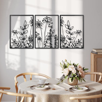 Therwen 3 Pcs Black Metal Wall Art Minimalist Wall Decor for Bedroom Flowers Decor Hanging Flower Bathroom Art Flower Line Sculpture Kitchen Decoration 16.5 x 9.8 Inch(Cute Style)