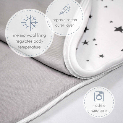 Woolino 4 Season Ultimate Baby Sleeping Bag - Merino Wool and Organic Cotton - Universal Size Adjustable Sleep Sack for Baby - Two-Way Zipper Sleeping Bag (2-24 Months) - Navy Blue