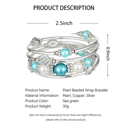 FULU AUTUMN Beaded Pearl Bangle Bracelets for Women Silver Wrap Bangles Bracelet Womens Costume Jewelry Fashion Gift(18-Sea green)