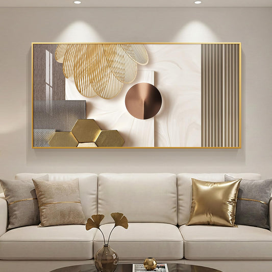Large Framed Modern Luxury Gold Wall Art for Living Room, Horizontal Bright Style Artwork for Walls, Contemporary Geometric Picture Prints Painting Decor for Bedroom Hallway Dining Room 56x28 Inch
