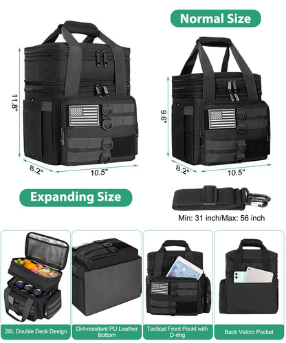 Tactical Lunch Box for Men, Large Insulated Lunch Bag for Adult, Heavy Duty Double Deck Expandable Lunch Cooler Bag with American Flag, Leakproof Soft Lunch Pail for Work Office Camping - Black