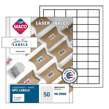 Printable Labels for Mailing - Laser/Ink Jet Compatible Shipping Address Labels, 50 per Sheet, 1 x 1-1/2", Box of 100 Pages/5000 Labels, White