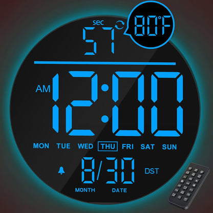 JALL 10" Large Digital Wall Clock with Seconds, Alarm Countdown Timer, Big LED Display, RGB Color, DST, Temperature, Mounted for Bedroom Living Room Office Classroom Gym, Xmas Birthday Gift, Blue
