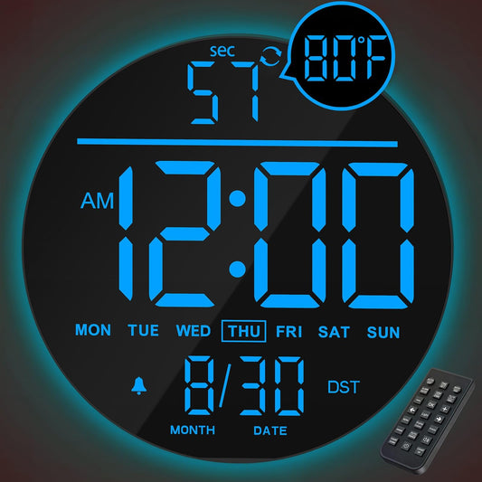 JALL 10" Large Digital Wall Clock with Seconds, Alarm Countdown Timer, Big LED Display, RGB Color, DST, Temperature, Mounted for Bedroom Living Room Office Classroom Gym, Xmas Birthday Gift, Blue