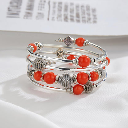 PEARL&CLUB Beaded Chakra Bangle Turquoise Bracelet - Fashion Jewelry Wrap Bracelet with Thick Silver Metal and Mala Beads, Birthday Gifts For Women(Orange)