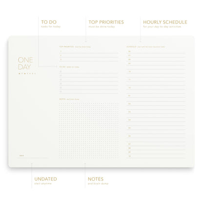 Pinesman - One Day, Elegant Daily Desk Planner, Gold Foiled, Minimalist Productivity Planner Pad, Time Blocking Hourly Schedule, To Do List Notepad, A4, 52 Pages, FSC™ Certified