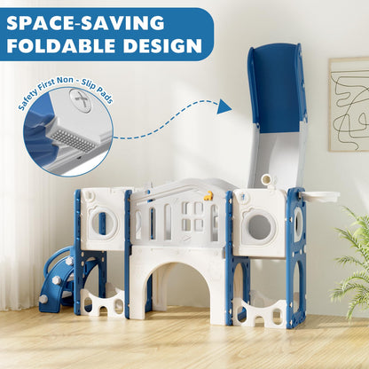 67i 10-in-1 Toddler Playground Set with Slide & Climber, Indoor Outdoor Play Gym for Toddlers 1-3, Quick Compact Setup Kids Playset with Basketball Golf Ring Toss Telescope Dino Area (Blue Gray)
