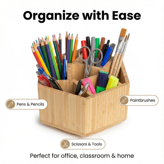 Ninebendstreams 360° Rotating Bamboo Art Supply Organizer, Pen Holder Multifunctional Office Accessory Storage, Desk Organizer for Colored Pencil, Crayon, Paint Brushes, Makeup Organizer