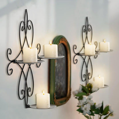 AHUONEL Wall Candle Sconce Holder Set of 2, Metal Wall Sconces Decor Hanging Wall Mounted Candle Stick Holder, Black Candlestick Holders Wall Decor for Bedroom Living Room Dining Room, 14.4"×11.8"