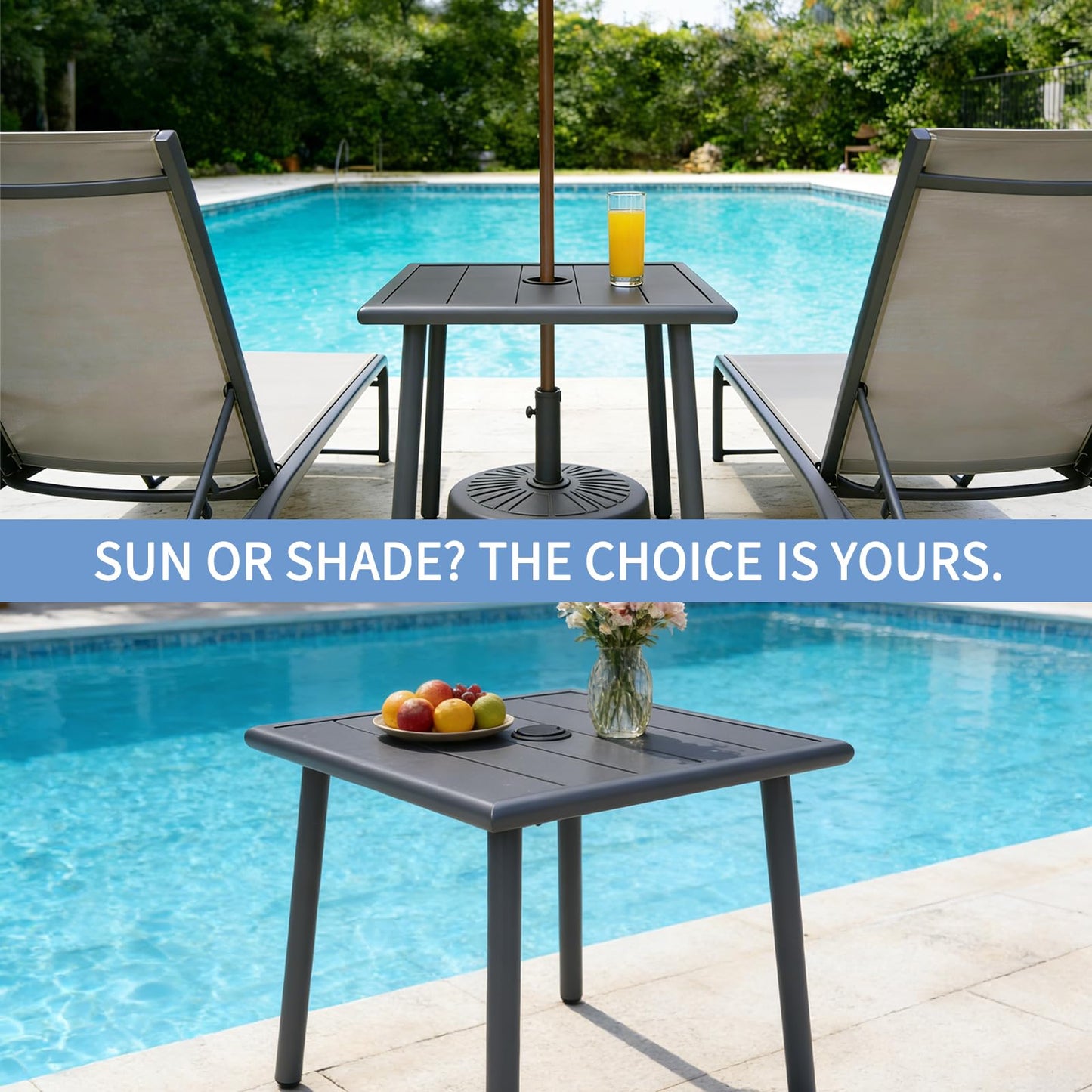 UFavo Home Small Metal Outdoor Side Table with Umbrella Hole Set of 2, Sqaure Patio Coffee Bistro Table End Table, Umbrella Table with Hole for Poolside Yard Porch Deck Balcony,19.7x19.7 inches, Gray