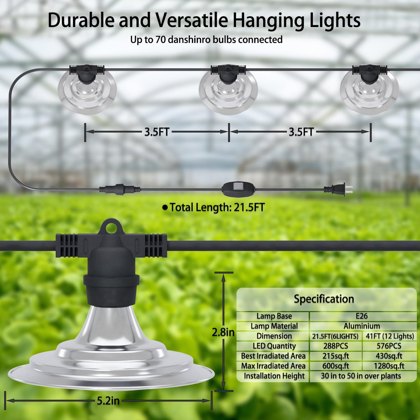 Danshinro Outdoor LED Grow Light, Waterproof String Plant Growing Light, 21 FT Full Spectrum Growth Light, Suitable for Garden, Farm, Flower, Seedling Greenhouse Grow Light (6 Light)