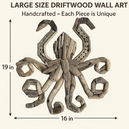 OMA Driftwood Octopus Wall Art – Handcrafted Coastal Beach & Rustic Farmhouse Style Driftwood Wall Decor for Home, Living Room, Bathroom, Beach House – Large Size