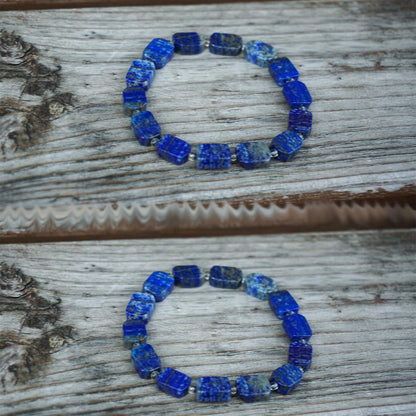 Square Lapis Lazuli Bracelet | Natural Royal Blue 6x8mm Throat & Third Eye Chakra Crystal Gemstone Beads | Handmade Meditation Protection Jewelry | Beading Tool Kit - Fits for 6.5-7.5" Medium Wrist